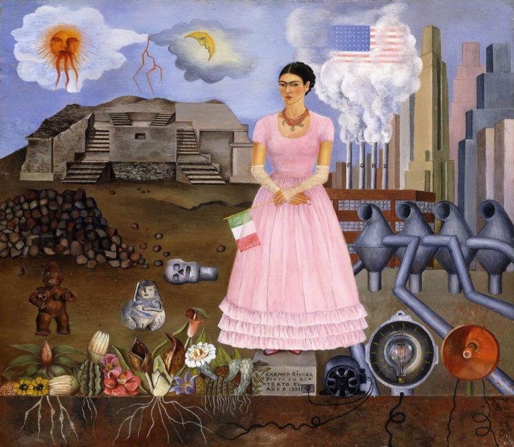 CH991362 Self Portrait on the Border between Mexico and the United States of America, 1932 (oil on tin) by Kahlo, Frida (1907-54); 31x35 cm; Private Collection; (add.info.: Self Portrait on the Border between Mexico and the United States of America; Autorretrato en la Frontera entre Mexico y los Estados Unidos. Frida Kahlo (1910-1954). Oil on tin. Signed and dated 1932. 31 x 35cm.); Photo © Christie's Images; Mexican, in copyright PLEASE NOTE: This image is protected by the artist's copyright which needs to be cleared by you. If you require assistance in clearing permission we will be pleased to help you.